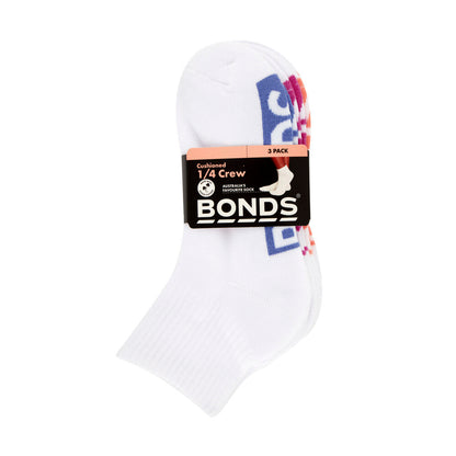 Bonds Womens Cushioned 1/4 Crew Sock Size 3+ - 3 Pack