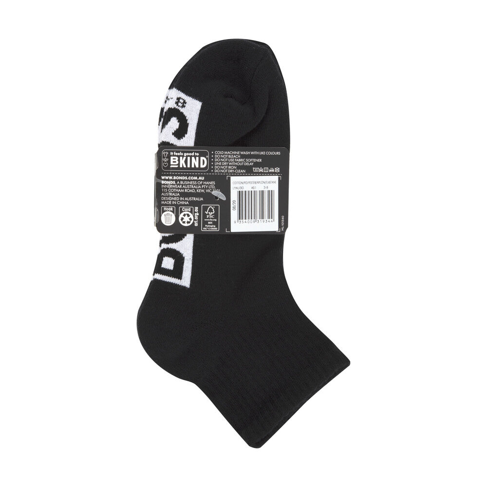Bonds Womens Cushioned 1/4 Crew Sock Size 3+ - 3 Pack