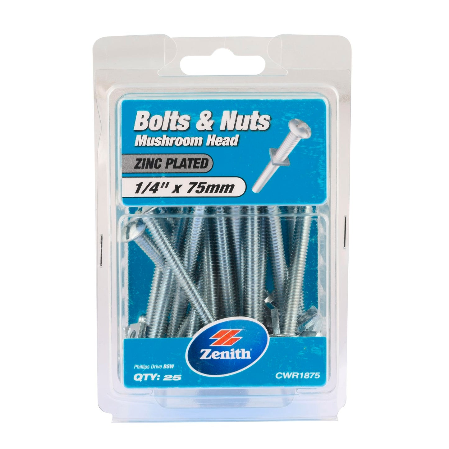 Zenith Mushroom Head Bolt - 1/4 x 75mm - 25 Pack