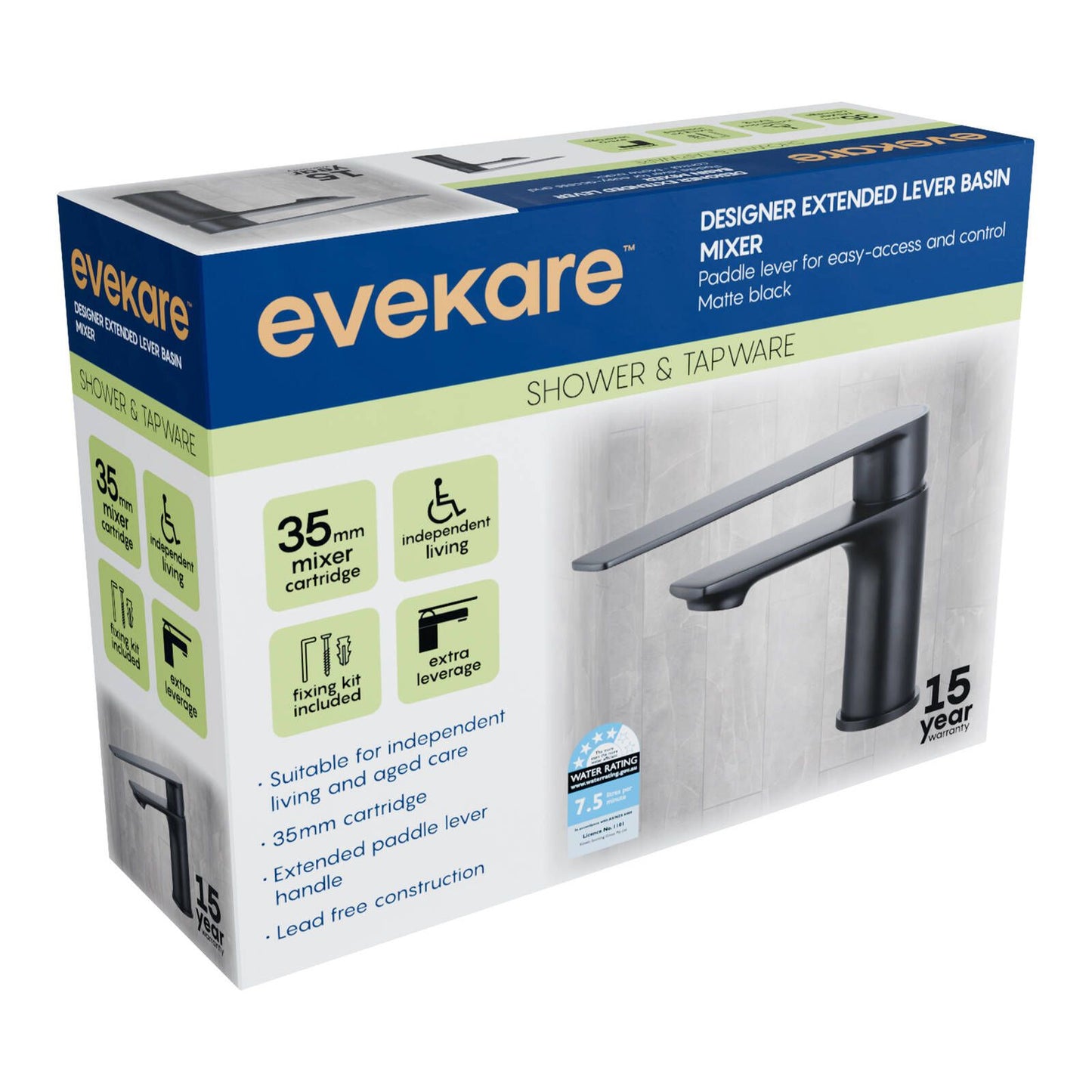 Evekare Designer Extended Lever Basin Mixer - Matte Black