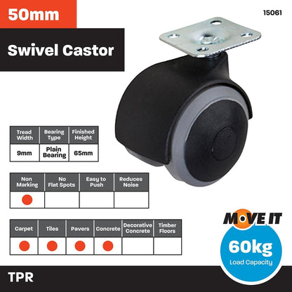 Moveit 50mm Hooded Grey Castor 2 Pack Steel Rubber Soft Tread