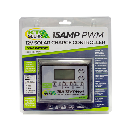 Kt Solar 15A 12V Solar Controller PWM - Dual Battery Charging