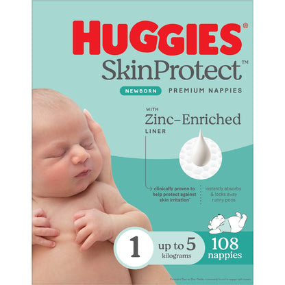 Huggies Skin Protect Newborn Nappies Size 1 (Up To 5kg) 108 Pack