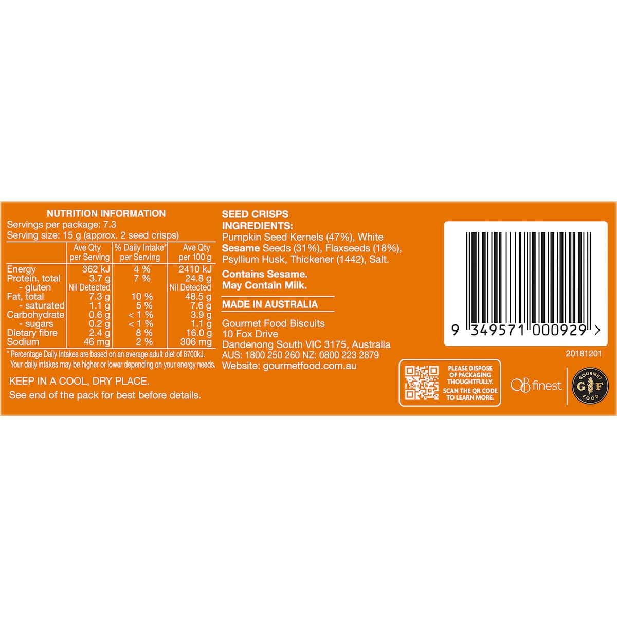 Ob Finest Pumpkin Sesame & Flax Seed Crisps 110g