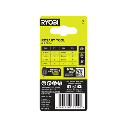 Ryobi Rotary Tool Drill Bit Set - 0.8-3.2mm - 7 Piece