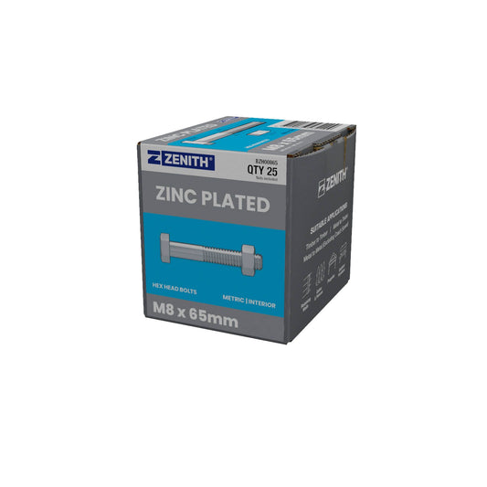 Zenith M8 x 65mm Zinc Plated Hex Head Bolts and Nuts - 25 Pack