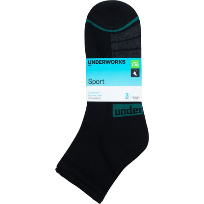 Underworks Mens Sport Quarter Crew Black 7 To 10 3 Pack