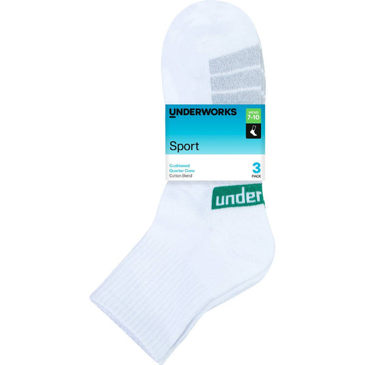 Underworks Mens Sport Quarter Crew White 7 To 10 3 Pack