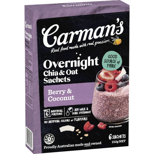 Carman's Overnight Chia & Oat Sachets Berry & Coconut 6 Pack