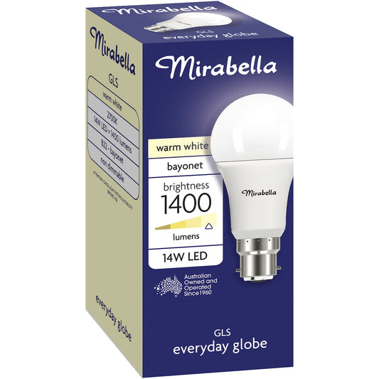 Mirabella 14w 1400lm Led Gls Everyday Globe Bayonet Warm White Each