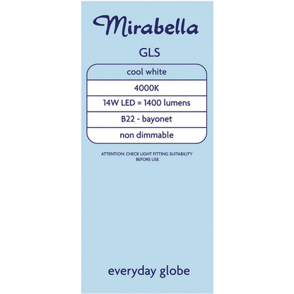 Mirabella 14W 1400lm LED GLS Everyday Globe Bayonet Cool White each