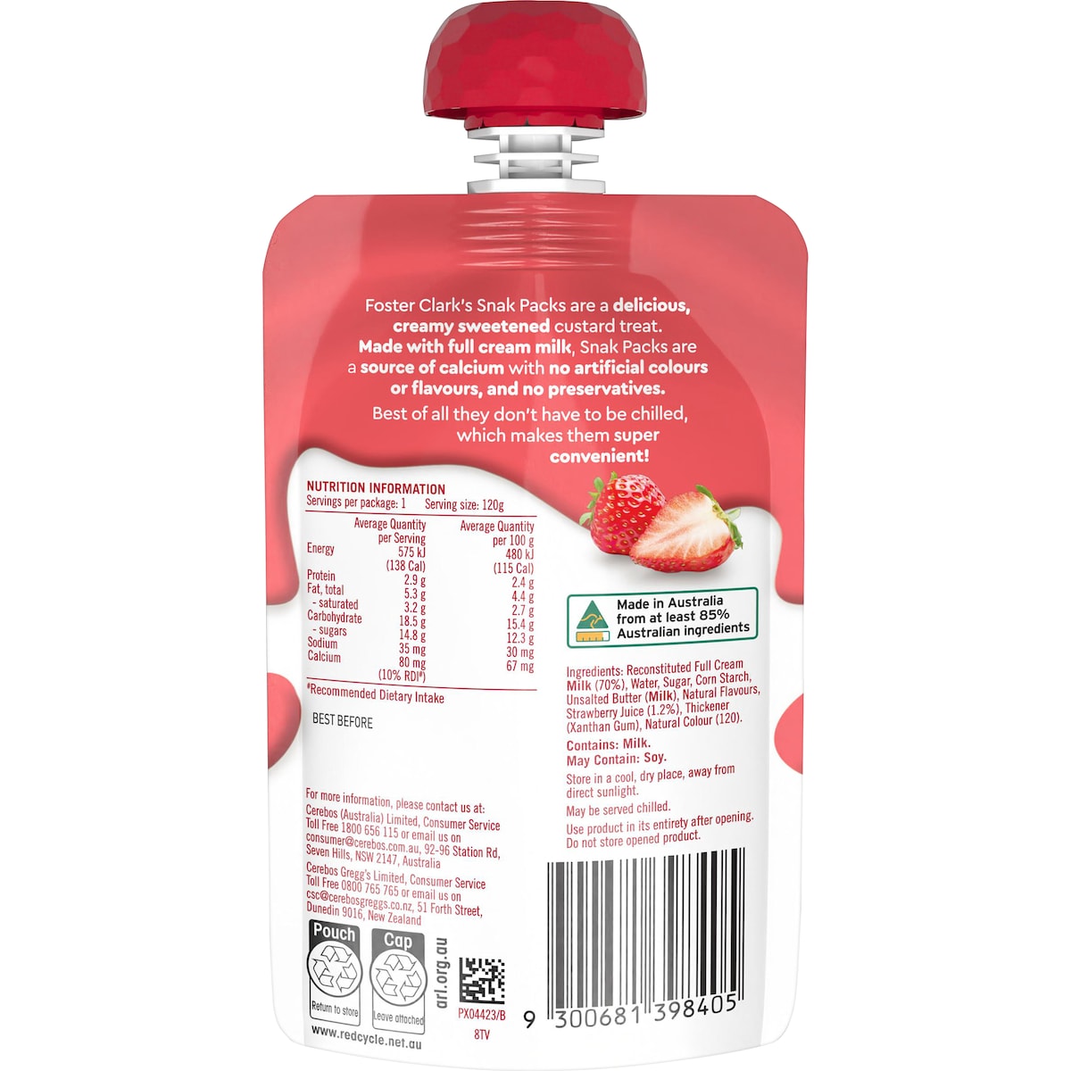 Foster Clark's Snak Pack Strawberry Flavoured Custard Pouch 120g