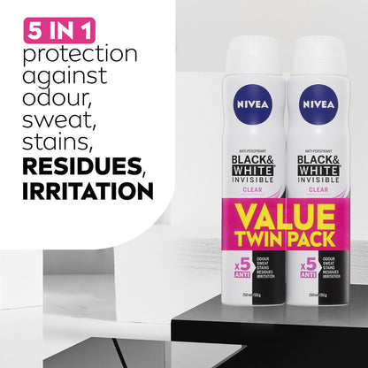 Nivea Black & White Invisible Clear Aerosol Deodorant Twin Pack 250ml X 2 Pack