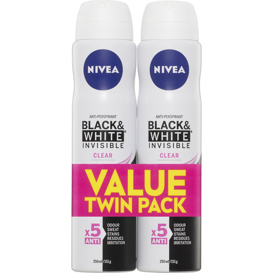 Nivea Black & White Invisible Clear Aerosol Deodorant Twin Pack 250ml X 2 Pack
