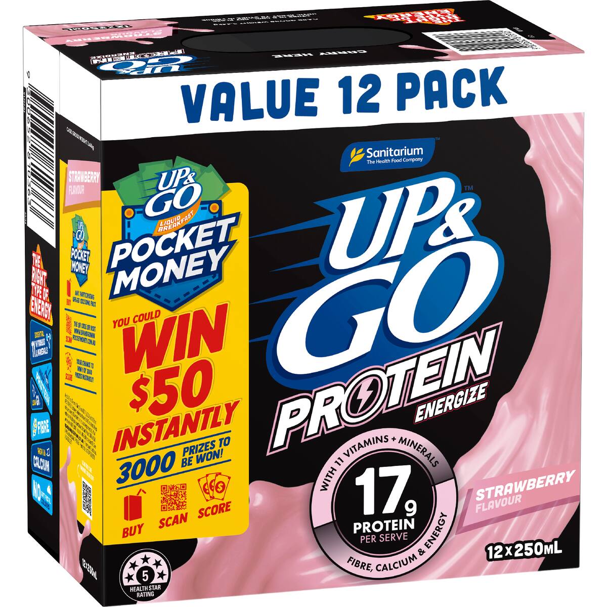 Up&go Protein Energize Liquid Breakfast Strawberry 250ml X 12 Pack