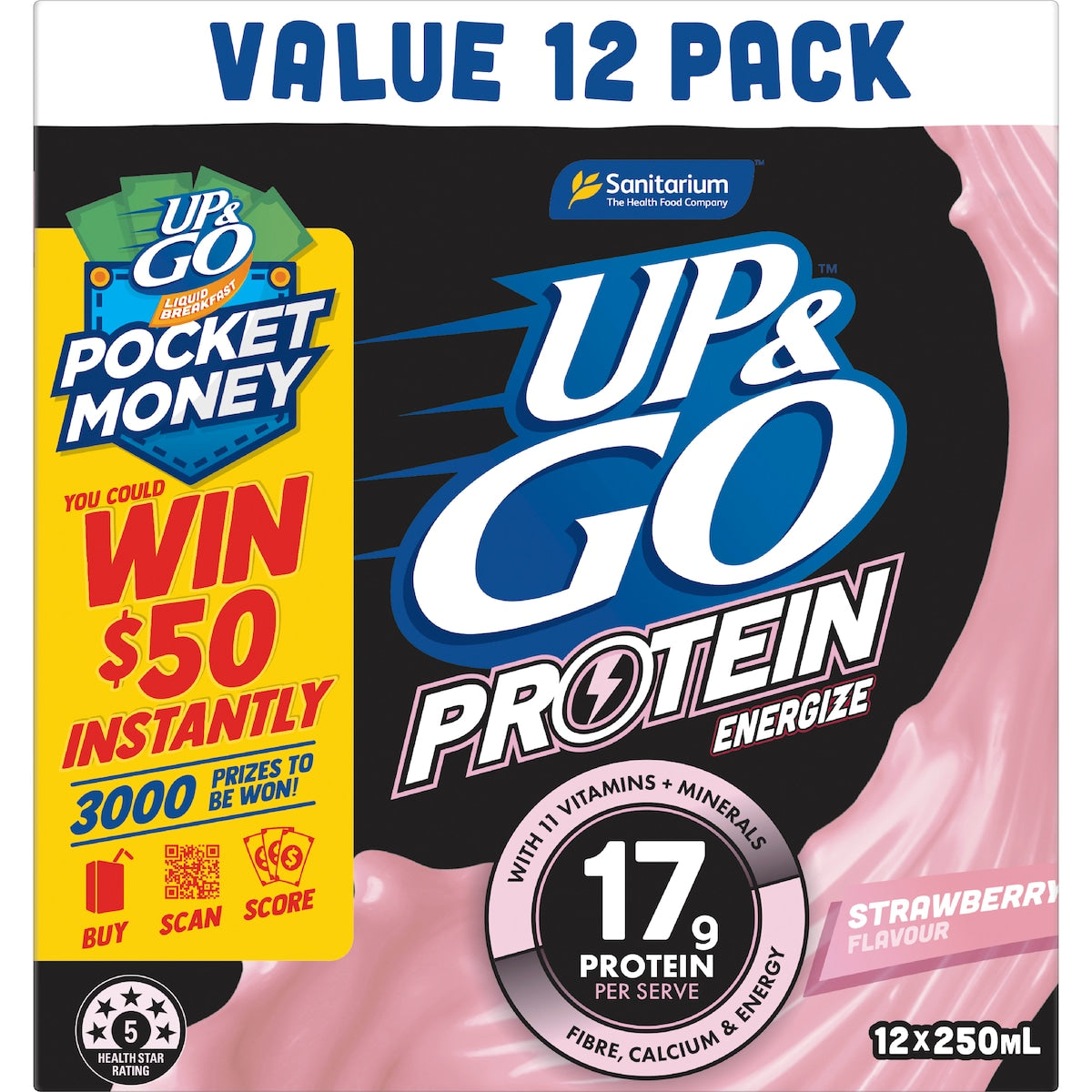 Up&go Protein Energize Liquid Breakfast Strawberry 250ml X 12 Pack