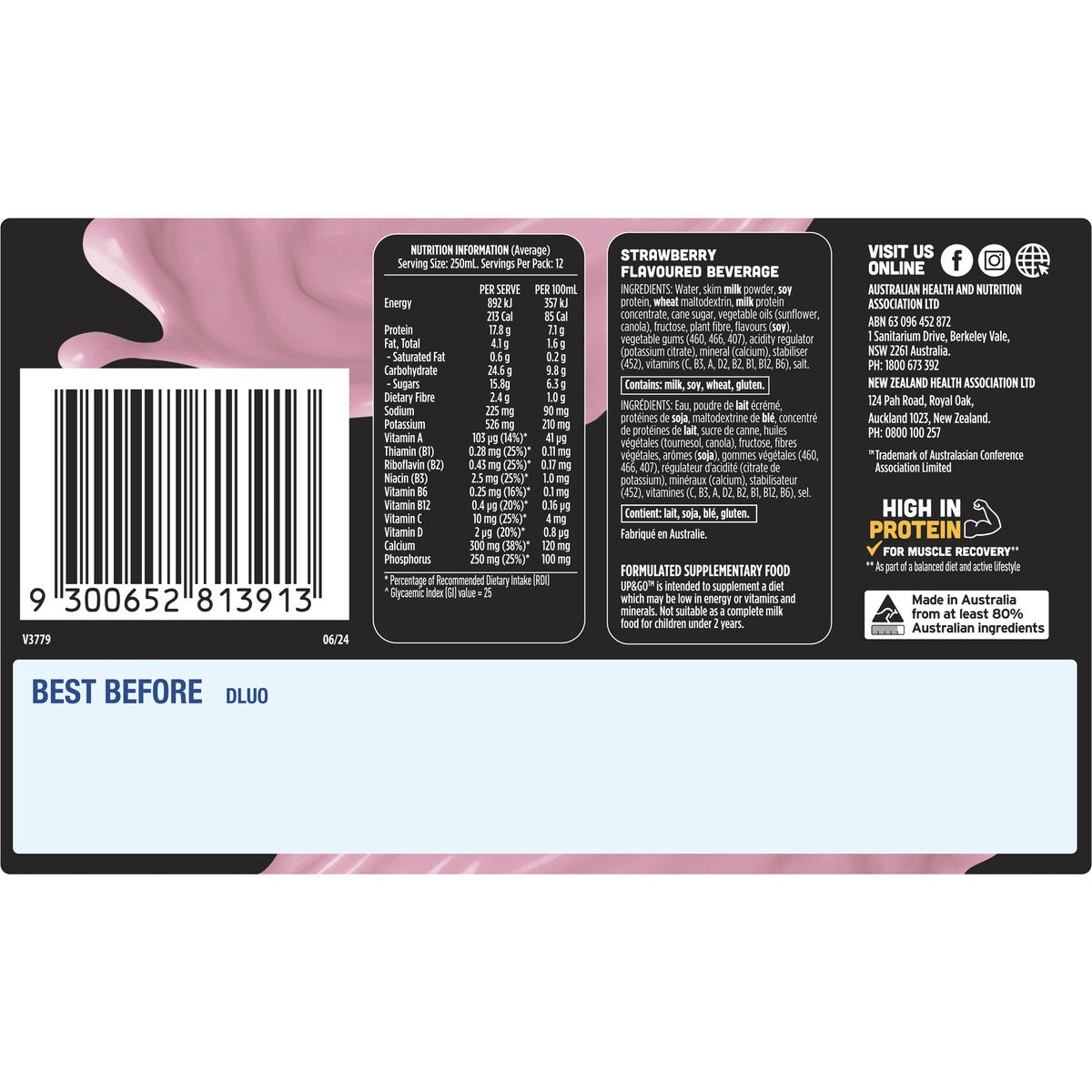 Sanitarium Up & Go Protein Energize Strawberry Flavour 250ml x 12 pack