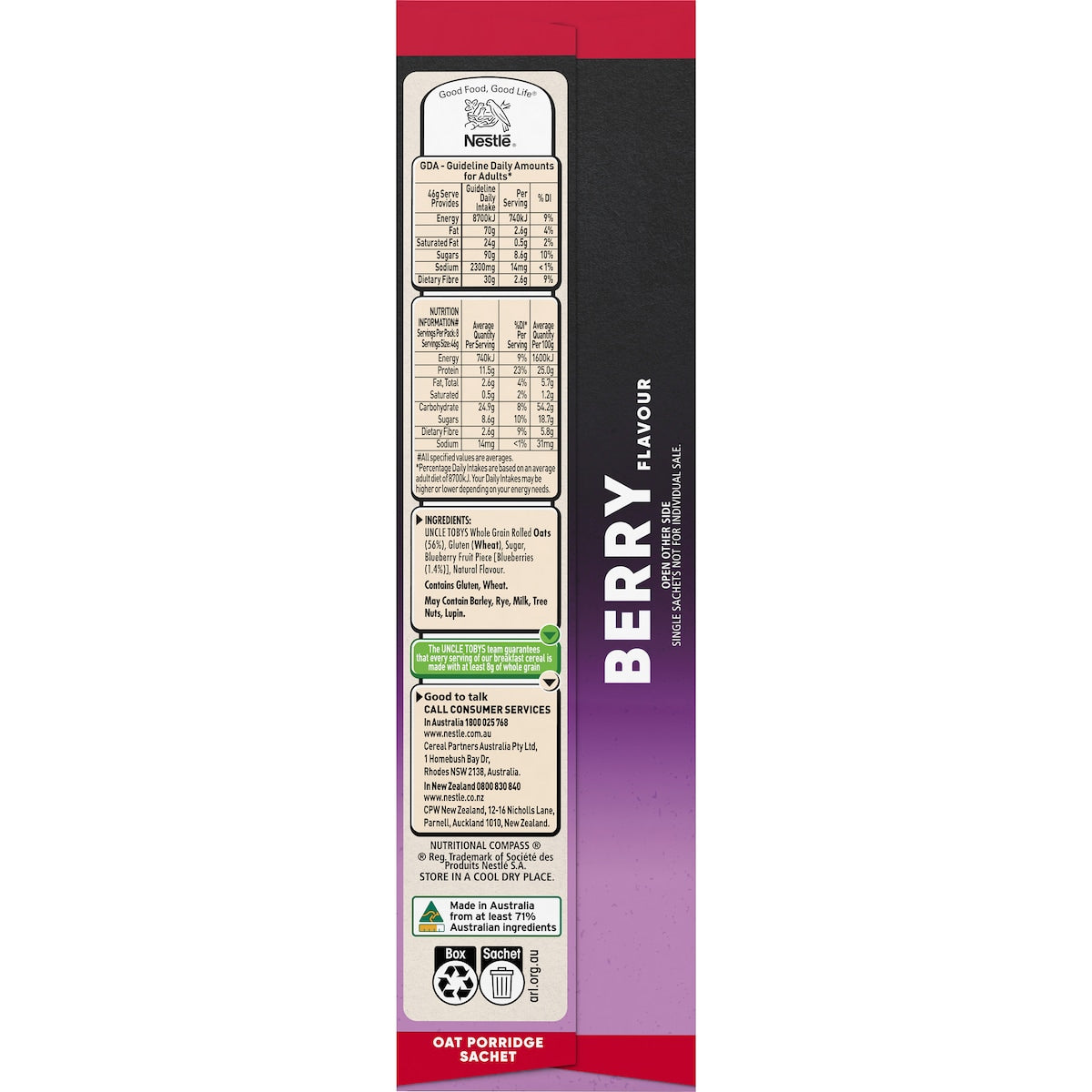Uncle Tobys Big Bowl Quick Oats Protein Berry Porridge 368g X 8 Pack