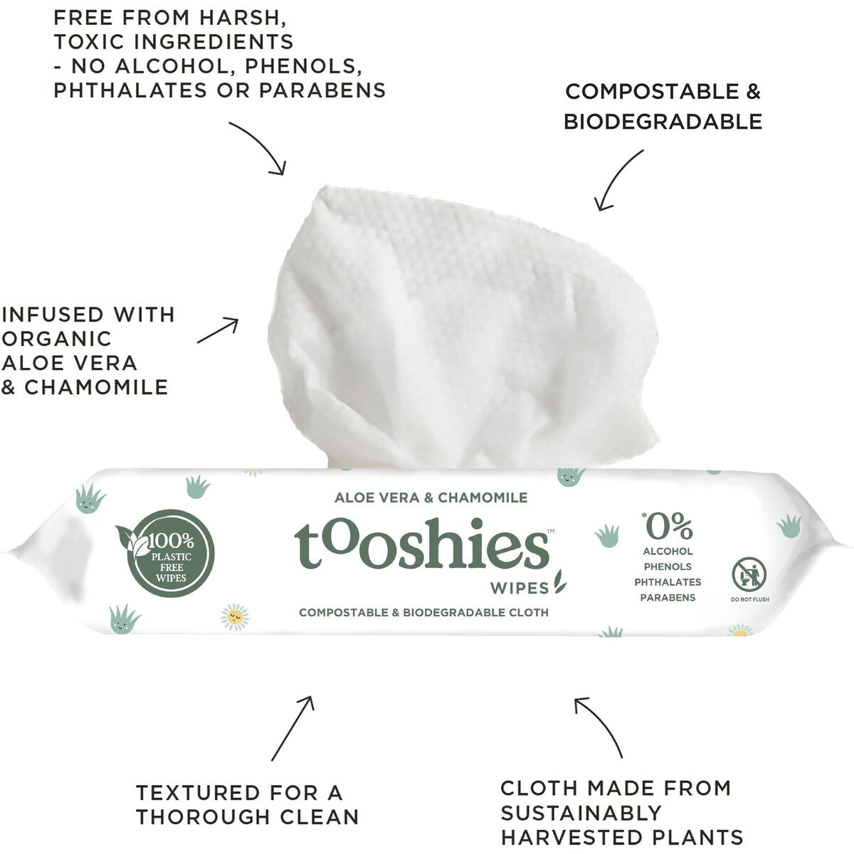 Tooshies Eco Wipes Aloe Vera & Chamomile Baby Wipes 70 Pack