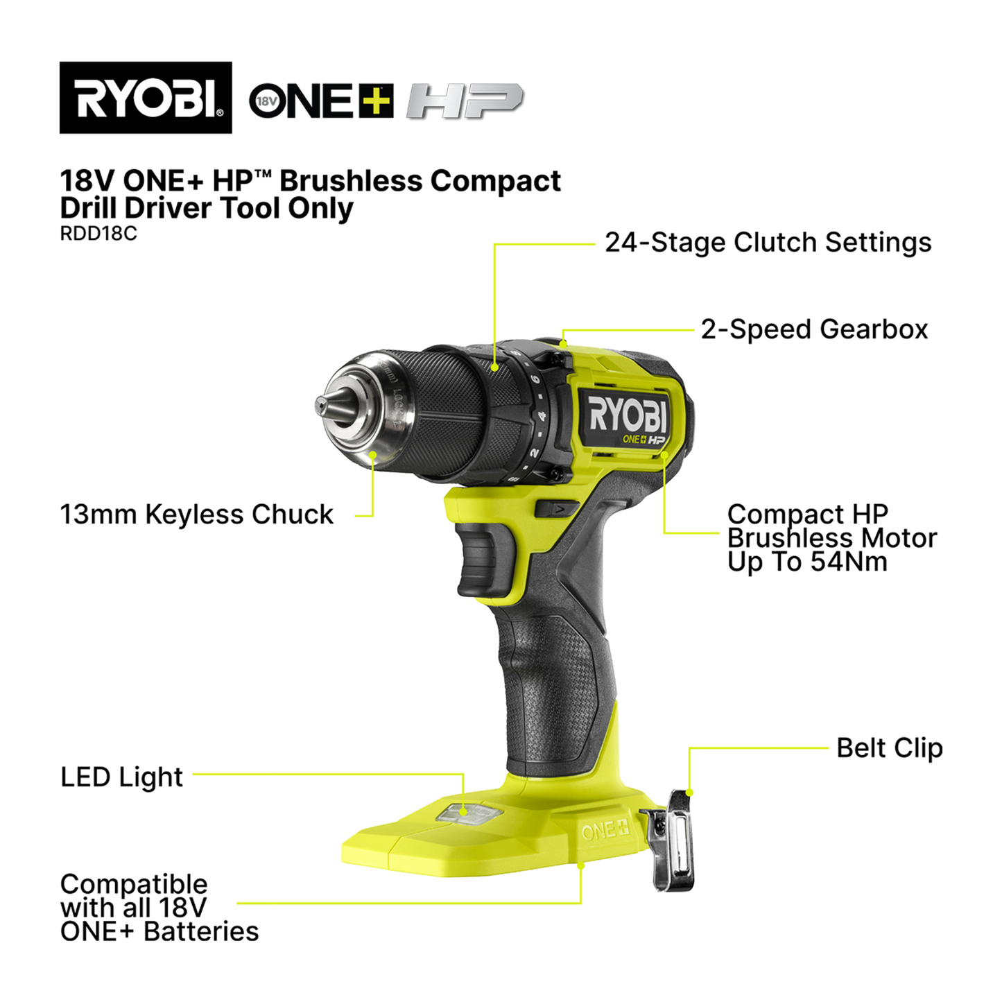 Ryobi Brushless Compact Drill Driver - 18V