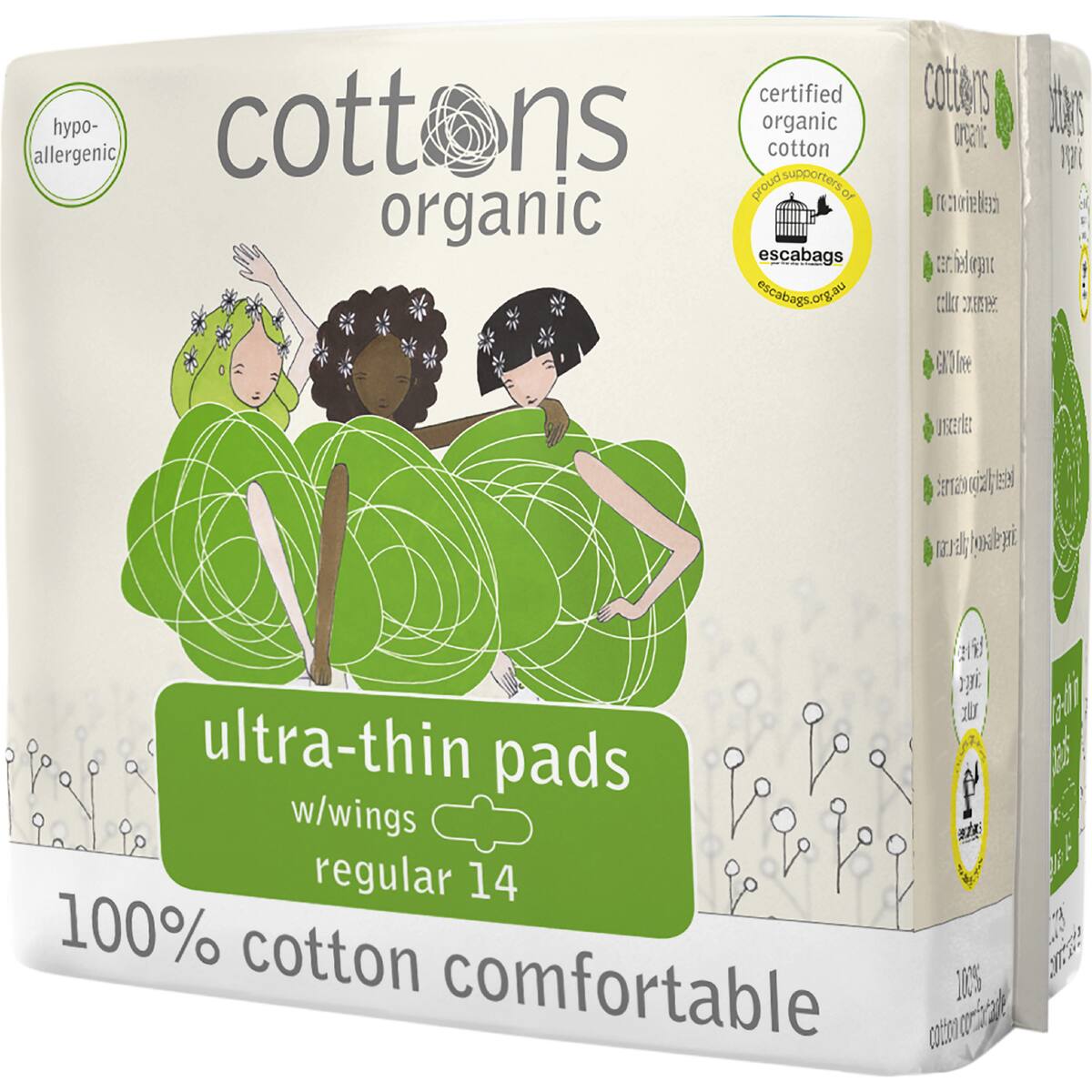 Cottons Organic Ultra Thin Pads Regular With Wings 14 Pack