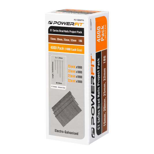 Powerfit C1 Series Brad Nails Project Pack - 15, 20, 25, 32mm - 4000 Pack