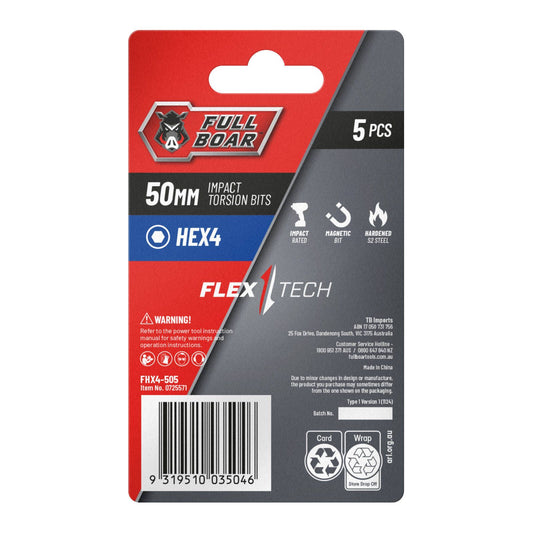 Full Boar Magnetic Impact Torsion Bits Set HEX4 x 50mm 5 Pack