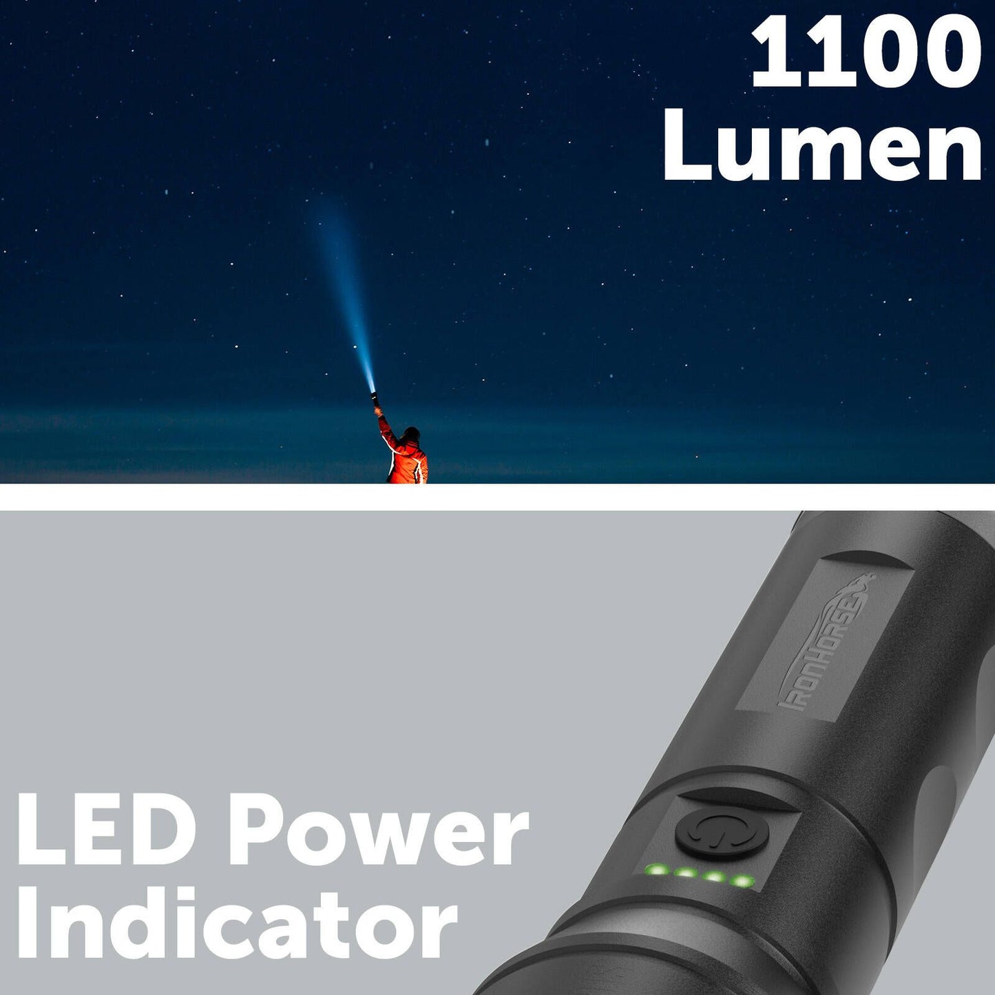 Ironhorse Premium Hybrid Dual Power Torch Flashlight - 1100lm