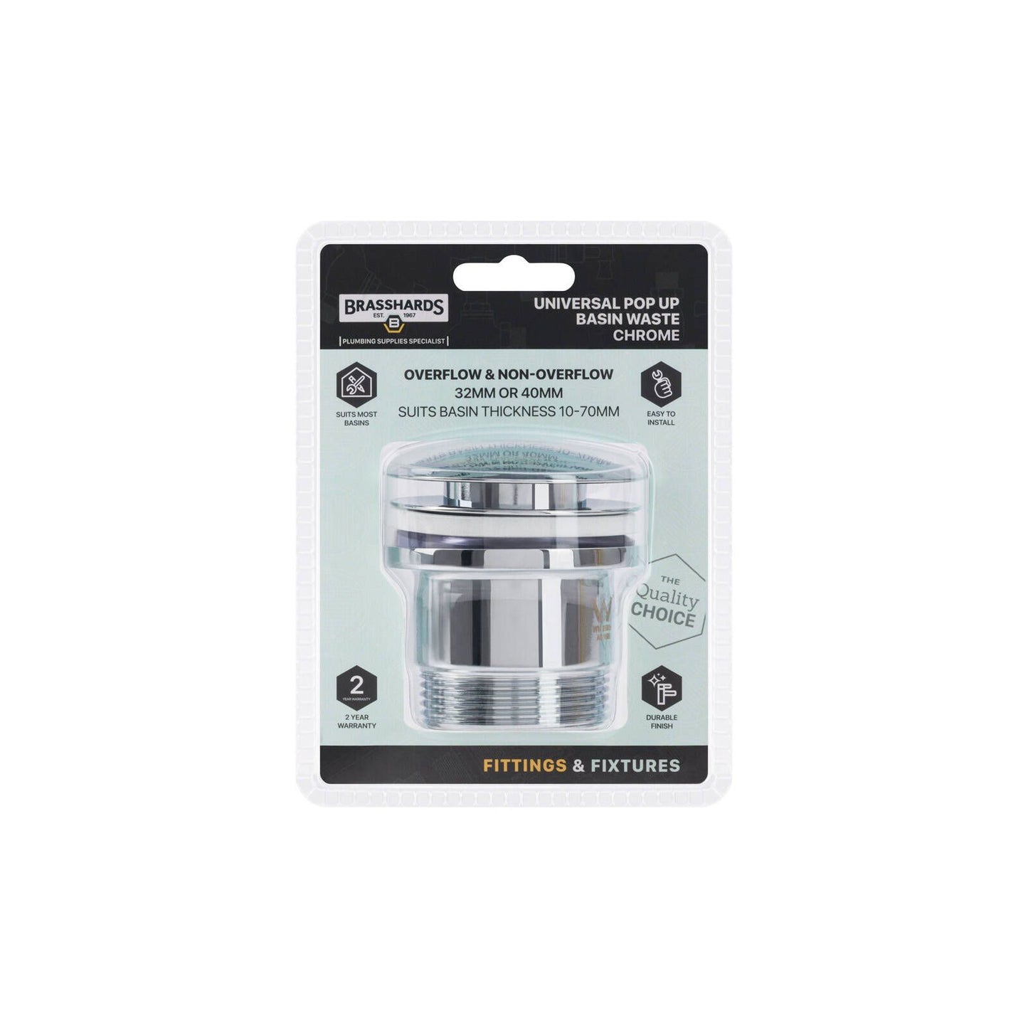 Brasshards Chrome Universal Pop Up Dome Basin Waste - 40mm