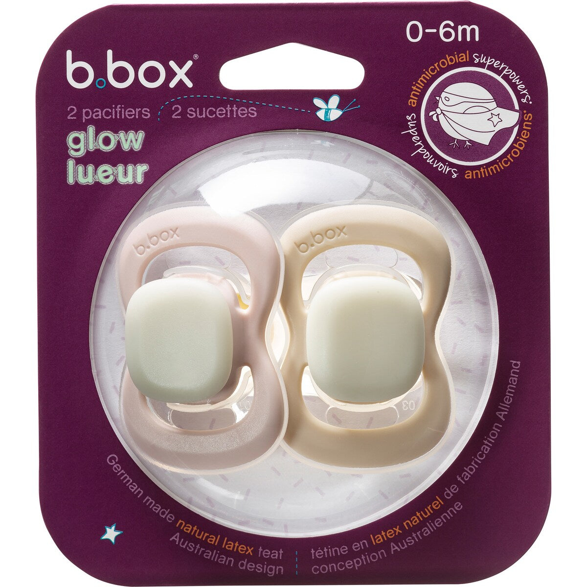 B.box Soother Latex Glow 0-6 Month Dummies Assorted 2 Pack