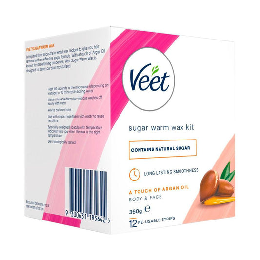 Veet Sugar Warm Wax Kit And 12 Hair Removal Wax Strips With Argan Oil Face An ... 360g