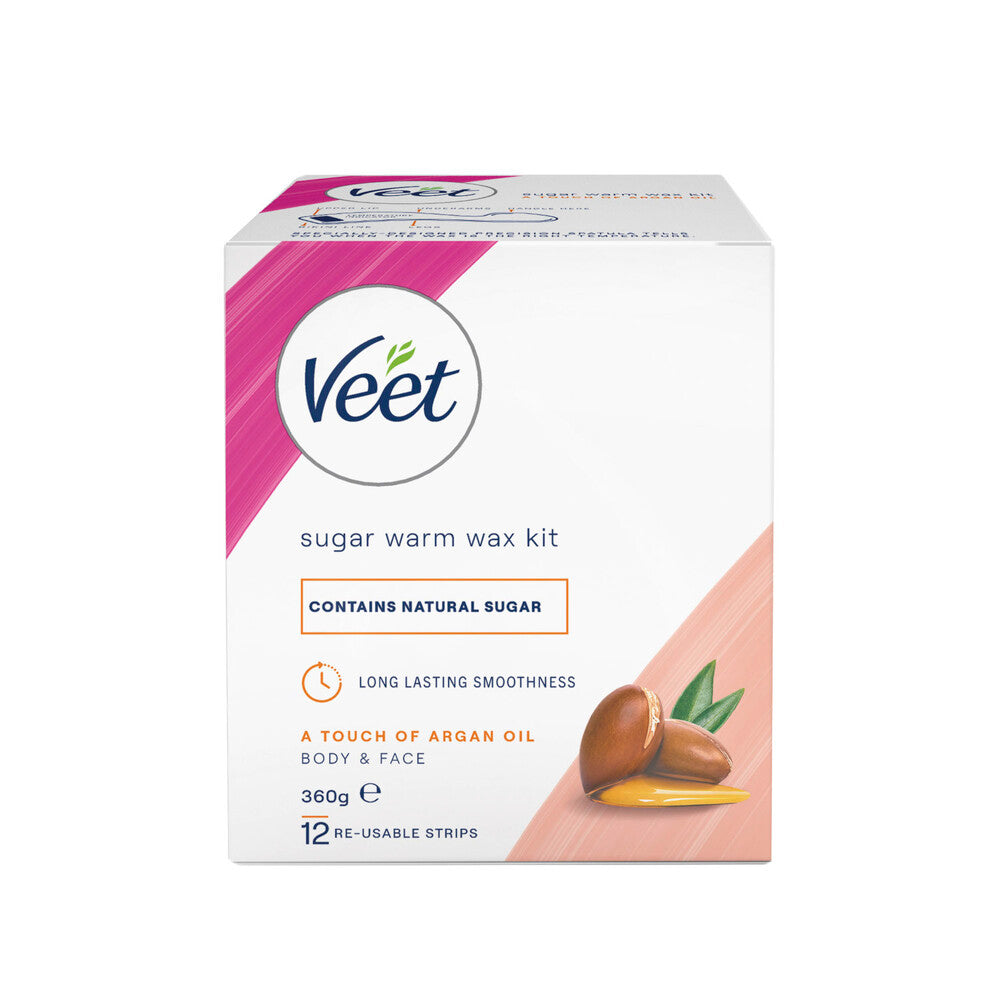 Veet Sugar Warm Wax Kit And 12 Hair Removal Wax Strips With Argan Oil Face An ... 360g