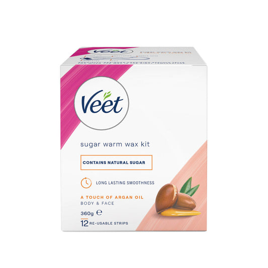 Veet Sugar Warm Wax Kit And 12 Hair Removal Wax Strips With Argan Oil Face And Body - 360g