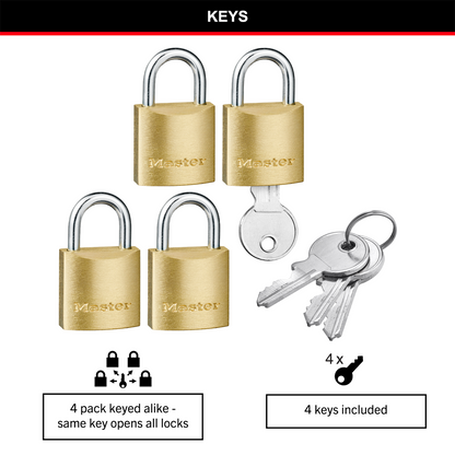 Master Lock Padlock - 20mm - Brass - Keyed Alike 4 Pack