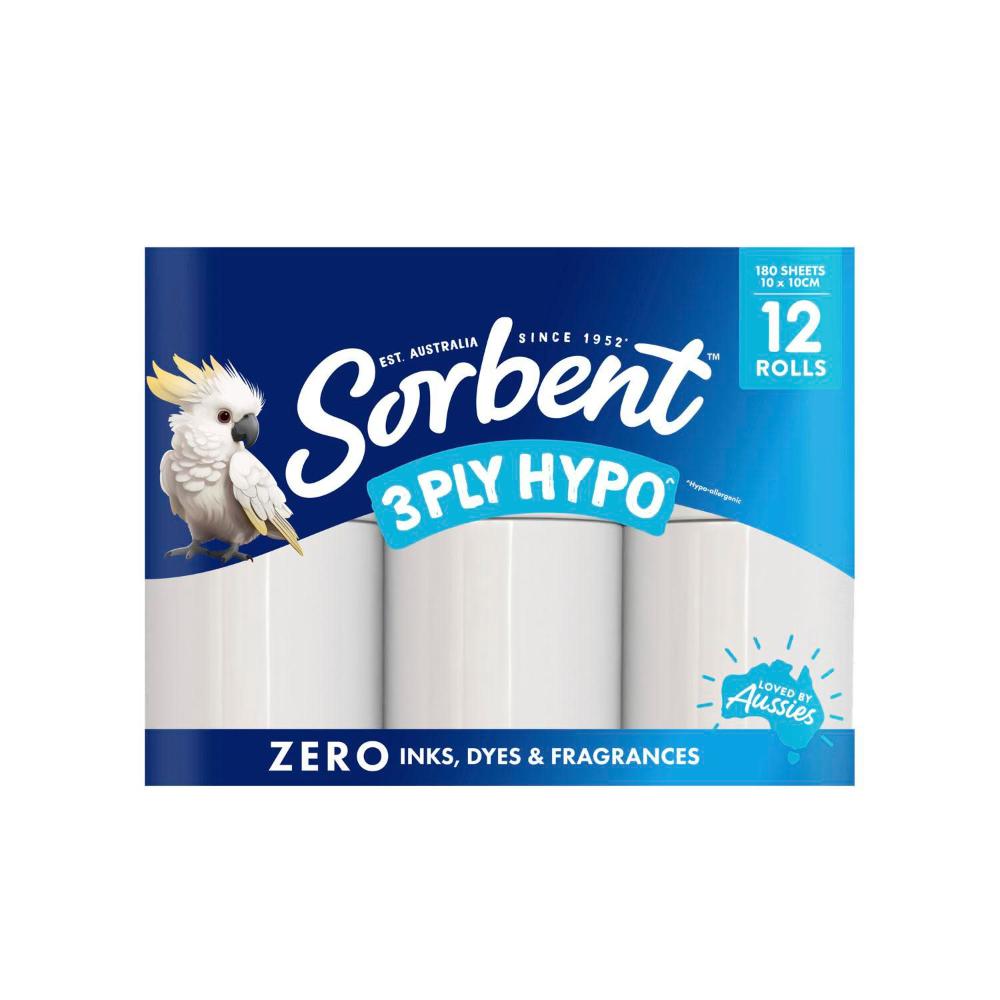 Sorbent 3 Ply Hypo Allergenic Toilet Paper - 12 Pack