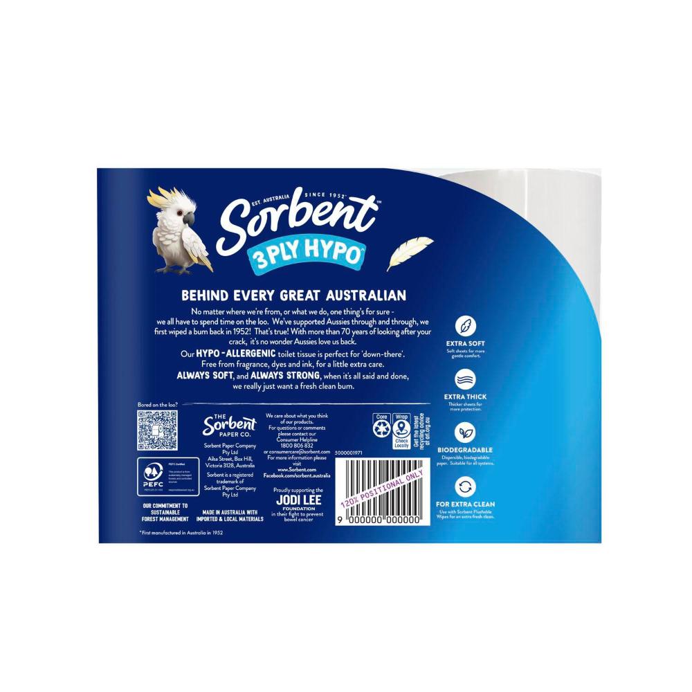 Sorbent 3 Ply Hypo Allergenic Toilet Paper - 12 Pack