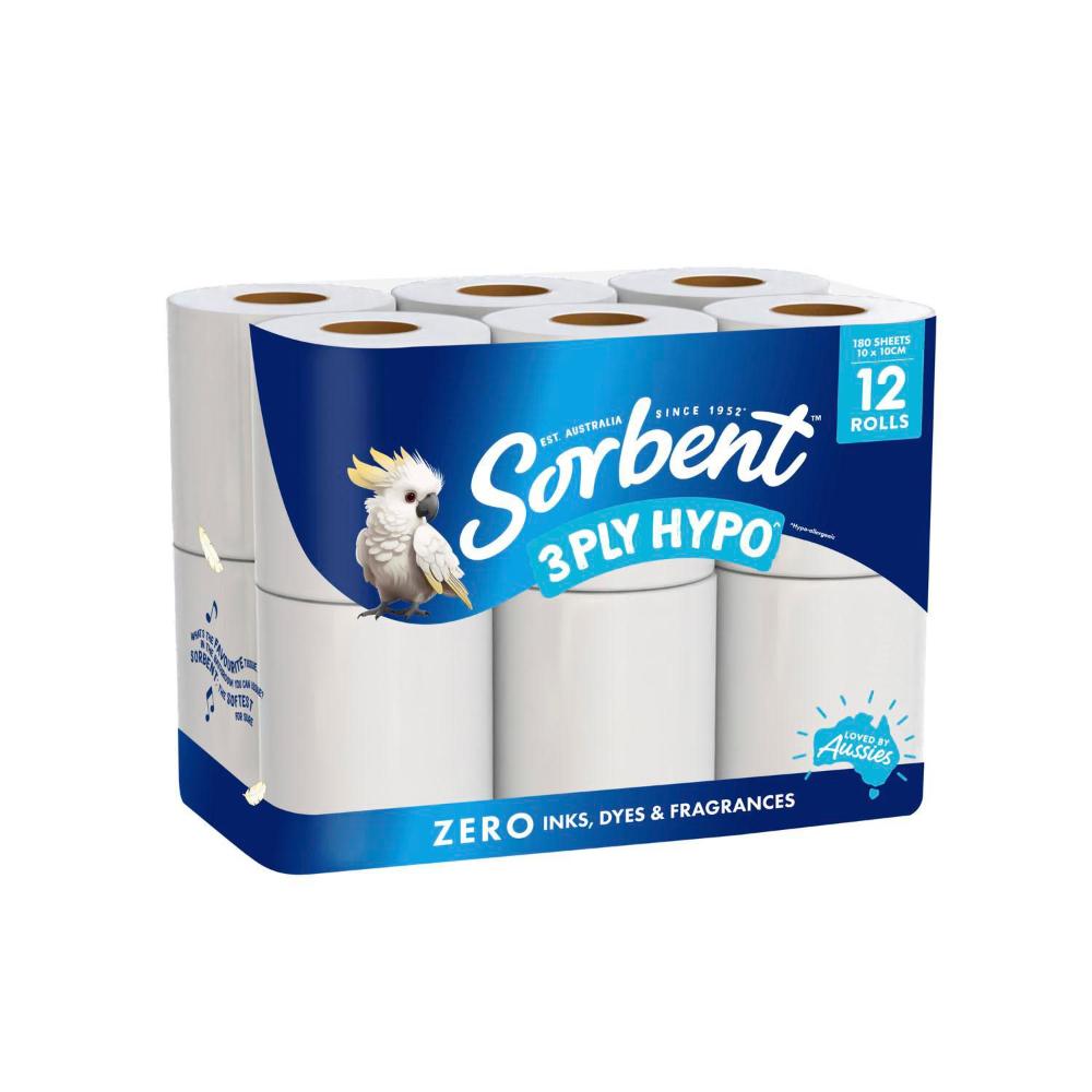 Sorbent 3 Ply Hypo Allergenic Toilet Paper - 12 Pack