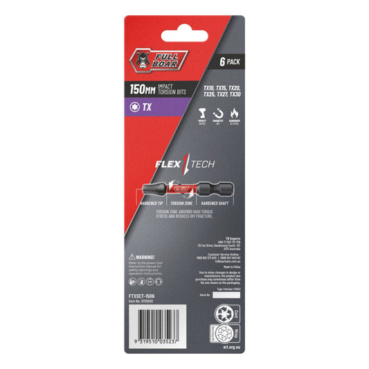 Full Boar Impact Torsion Bits Set TX x 150mm 6 Pack