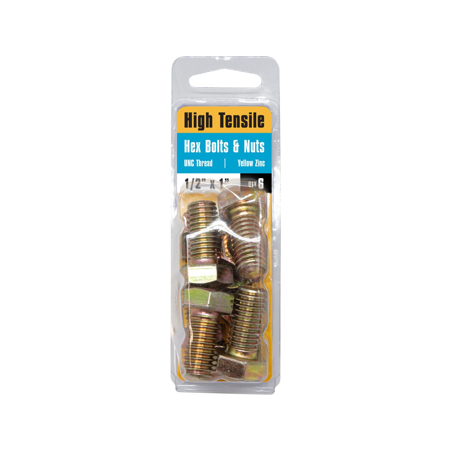 Pinnacle Hi Tensile Hex Bolt & Nut - 1/2 x 1" - Yellow - 6 Pack