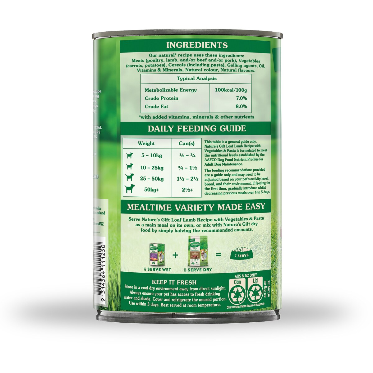 Nature's Gift Adult Wet Dog Food Loaf Lamb Recipe With Vegetables & Pasta 700g