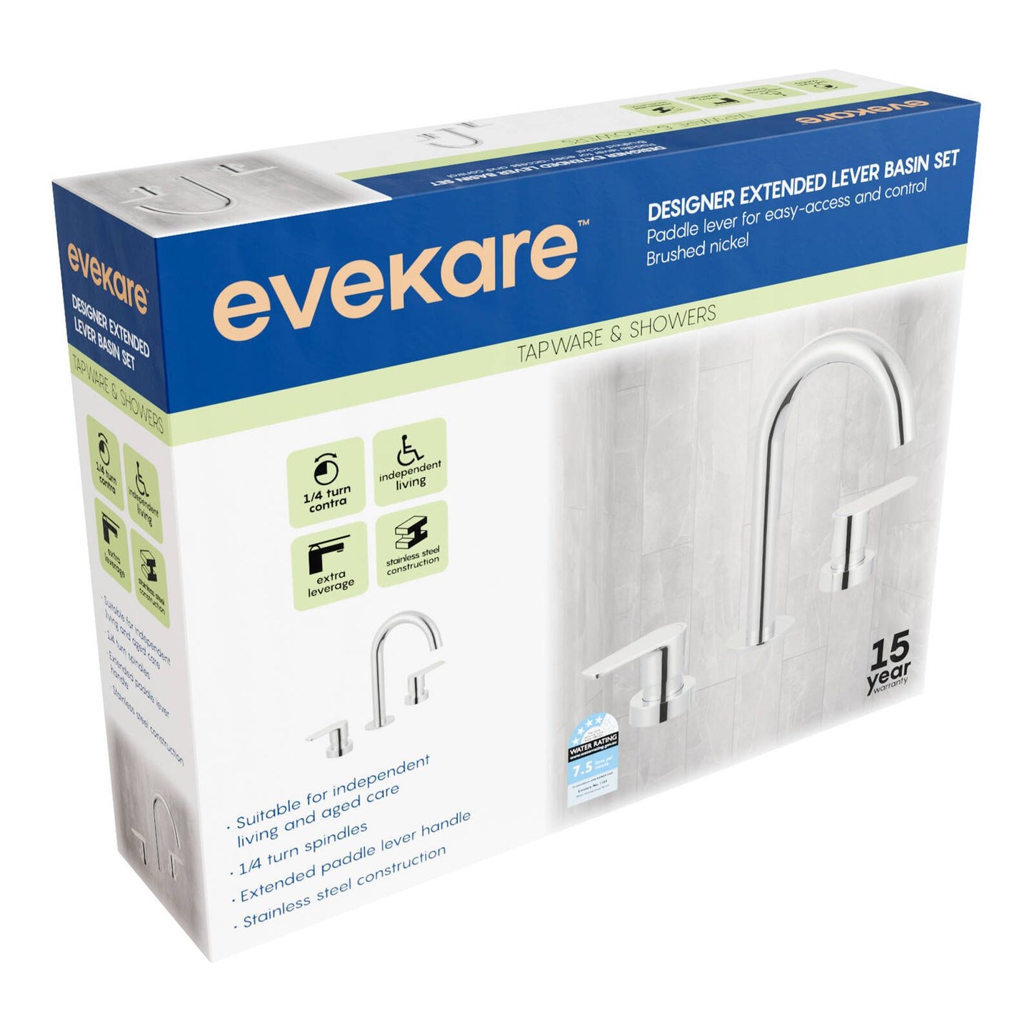 Evekare Brushed Nickel 1/4 Turn Extended Lever Basin Set - 245mm