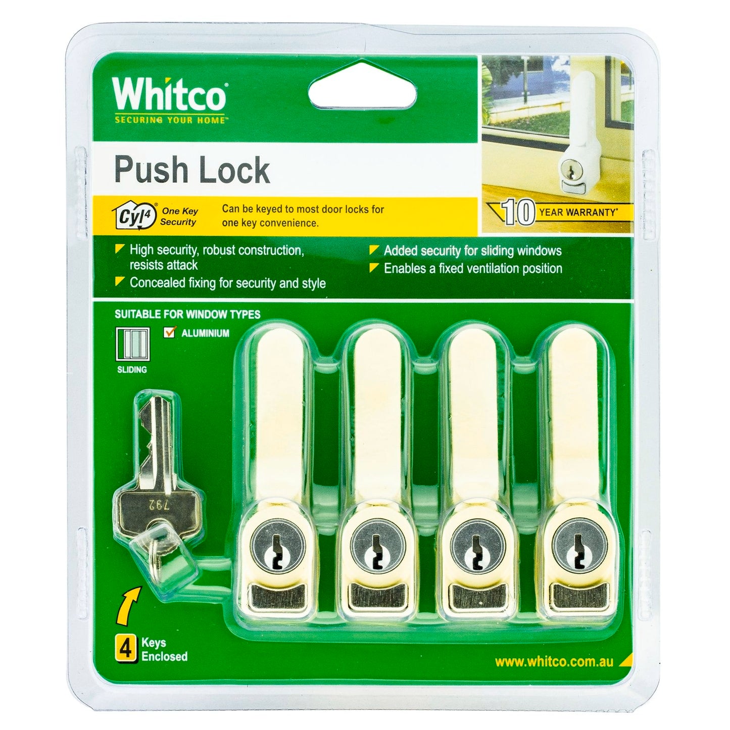 Whitco Sliding Window Push Lock - 13 x 81 x 37mm - Primrose - 4 Pack