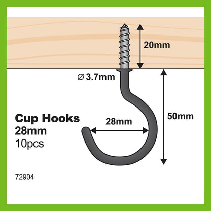 Everhang Cup Hook - 28mm - Steel - Black Finish - 10 Pack