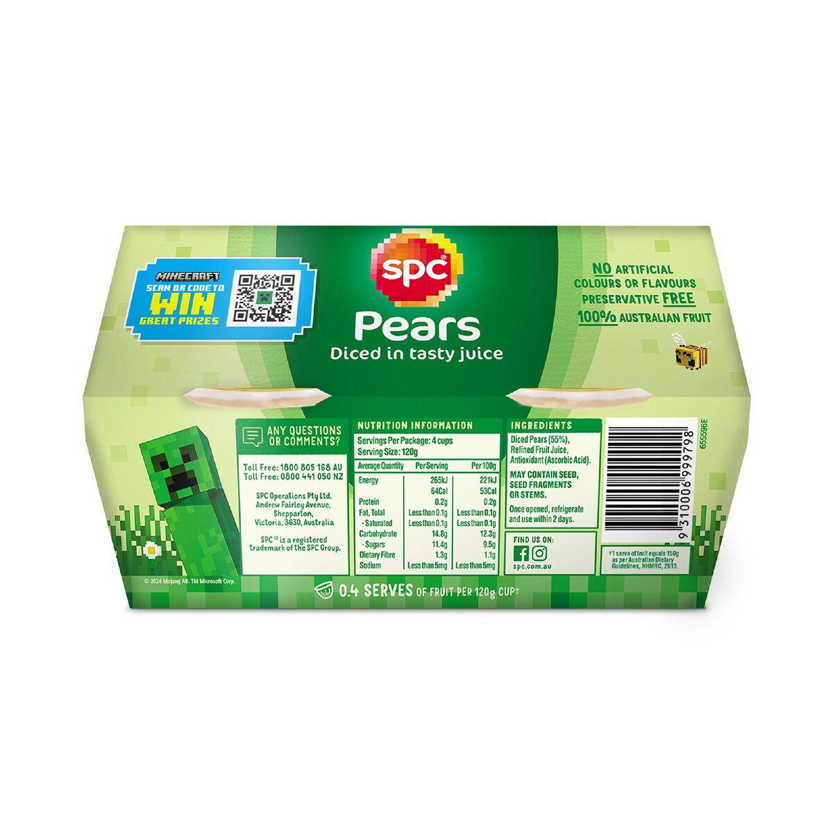 SPC Diced Pears In Juice Fruit Cups 4 x 120g