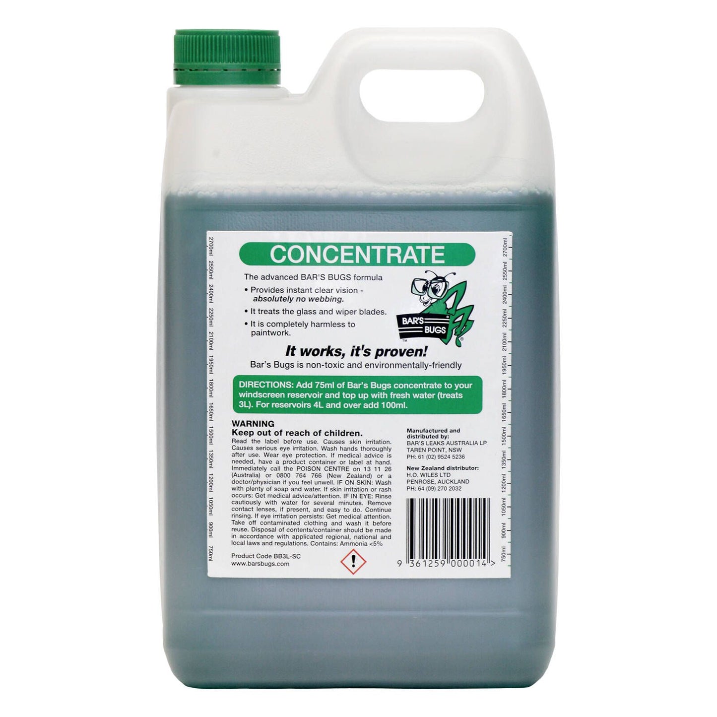 Bar's Bugs Windscreen Cleaner Concentrate - Instant Clear Vision - 3L