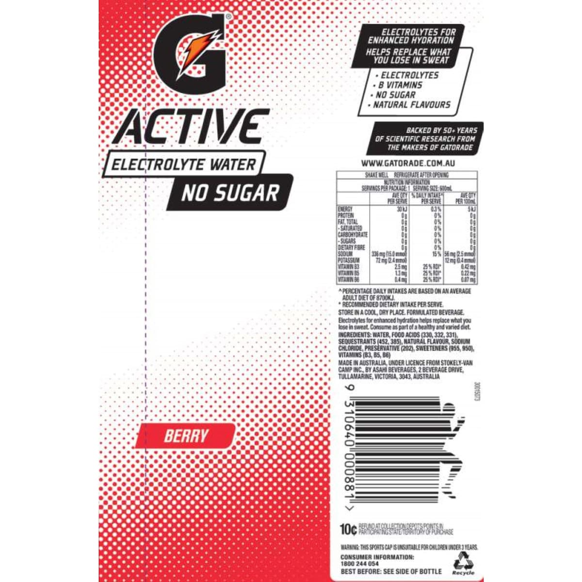 Gatorade G Active Water Sports Drinks Berry No Sugar 600ml