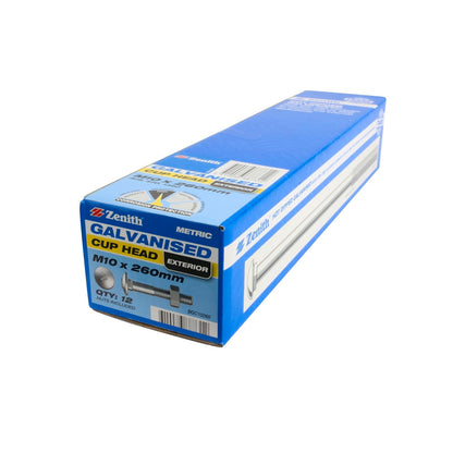 Zenith M10 x 260mm - Hot Dip Galvanised Cup Head Bolts & Nuts - 12 Pack