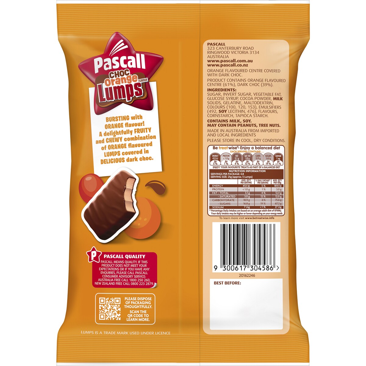 Pascall Choc Orange Flavour Lumps Bites Snack & Share Bag 120g