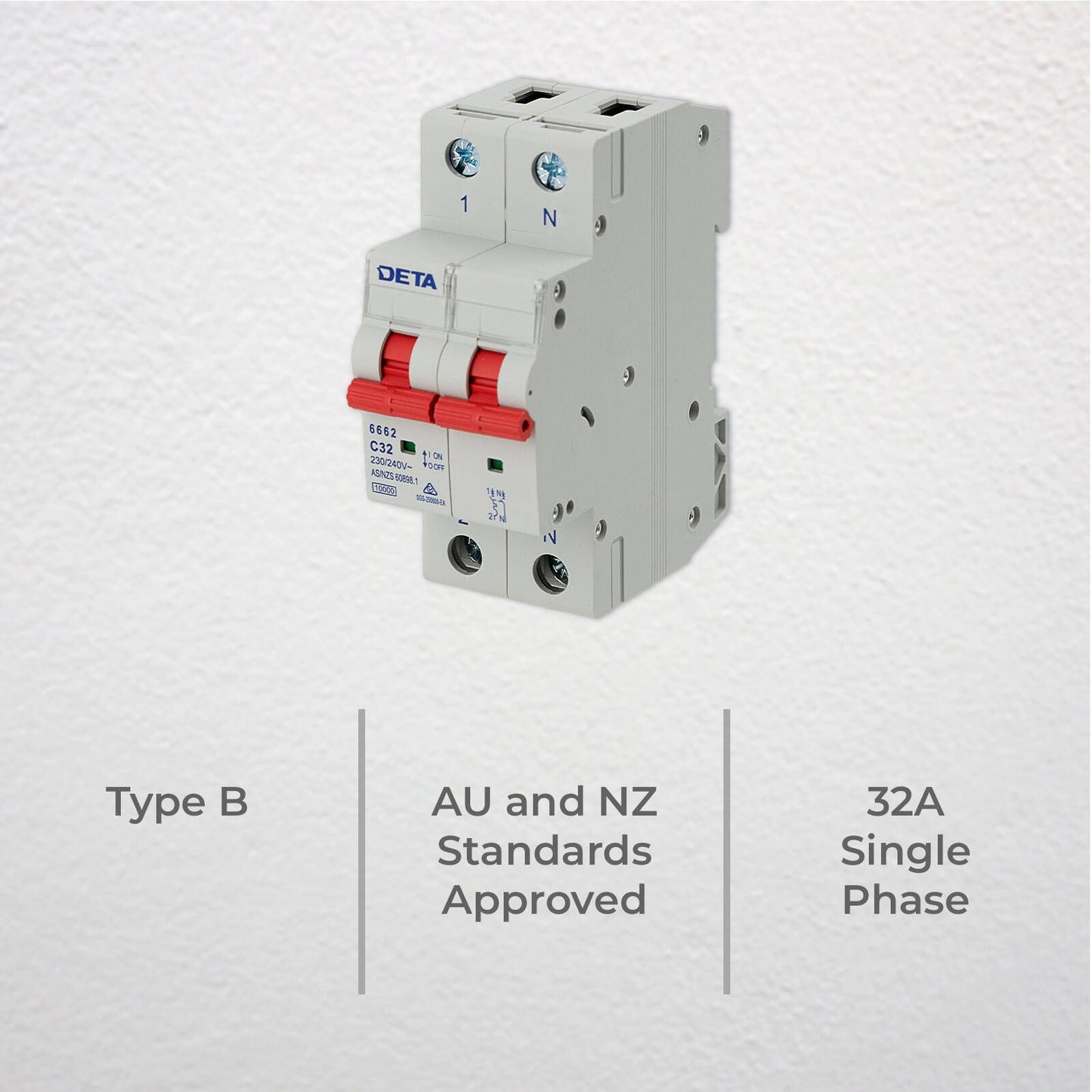Deta Single Phase MCB - 32A - 1P NC Curve 10kA - Light Grey
