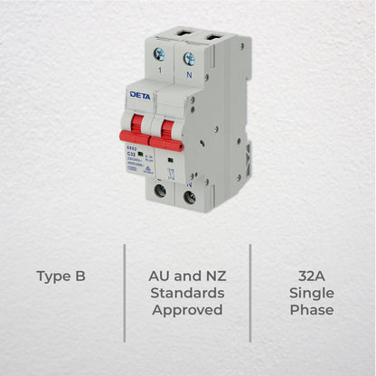 Deta Single Phase MCB - 32A - 1P NC Curve 10kA - Light Grey